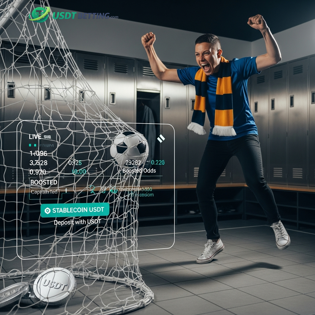 Ein jubelnder Fußballfan feiert im Stadion, während eine digitale Benutzeroberfläche Live-Wettquoten für die Weltmeisterschaft 2026 mit USDT anzeigt.