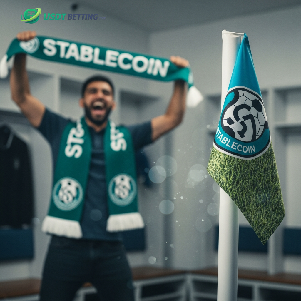 Eine jubelnde Person in einer Umkleidekabine, die den Sieg mit einem 'STABLECOIN'-Schal feiert, als Aufforderung, jetzt auf die Weltmeisterschaft 2026 zu wetten.