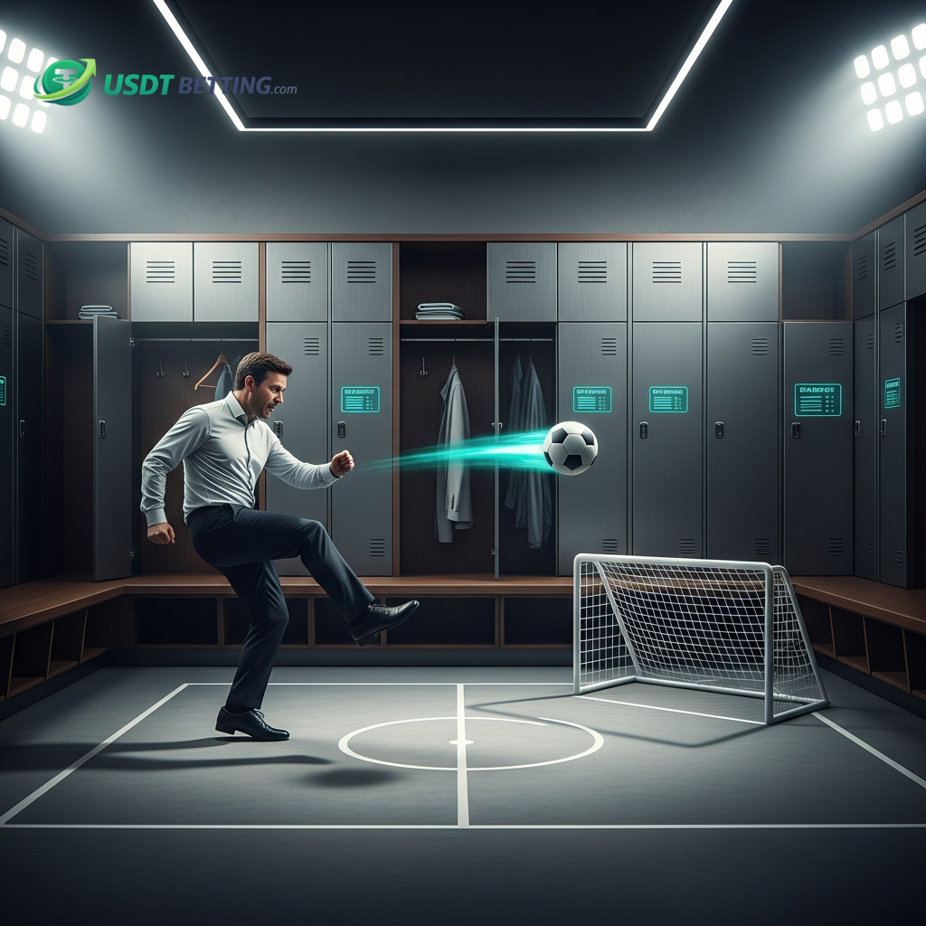 A man in business attire kicking a glowing soccer ball towards a goal, symbolizing the strategic discipline and ambition of the Japanese national team.