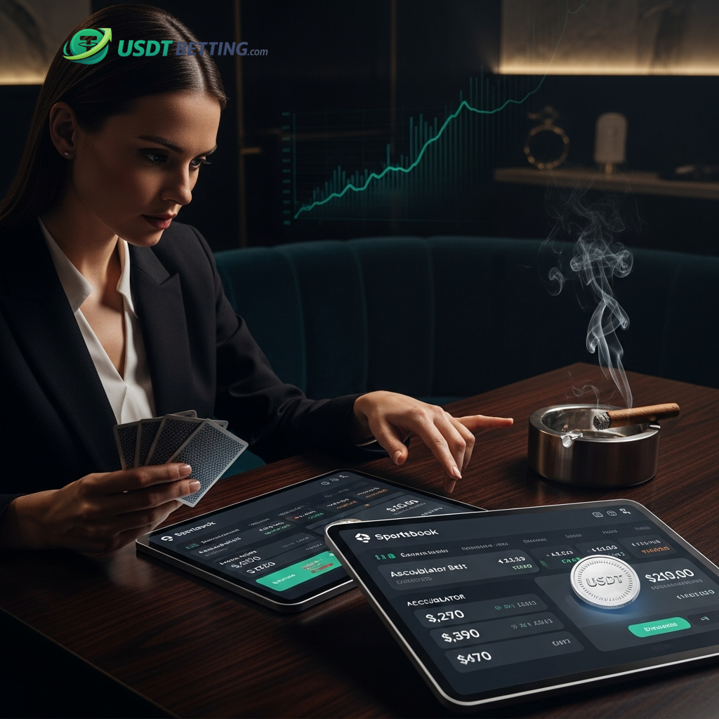 A professionally dressed sports betting analyst reviewing crypto betting odds on tablets, symbolizing expert prediction for the Netherlands vs. Japan match.